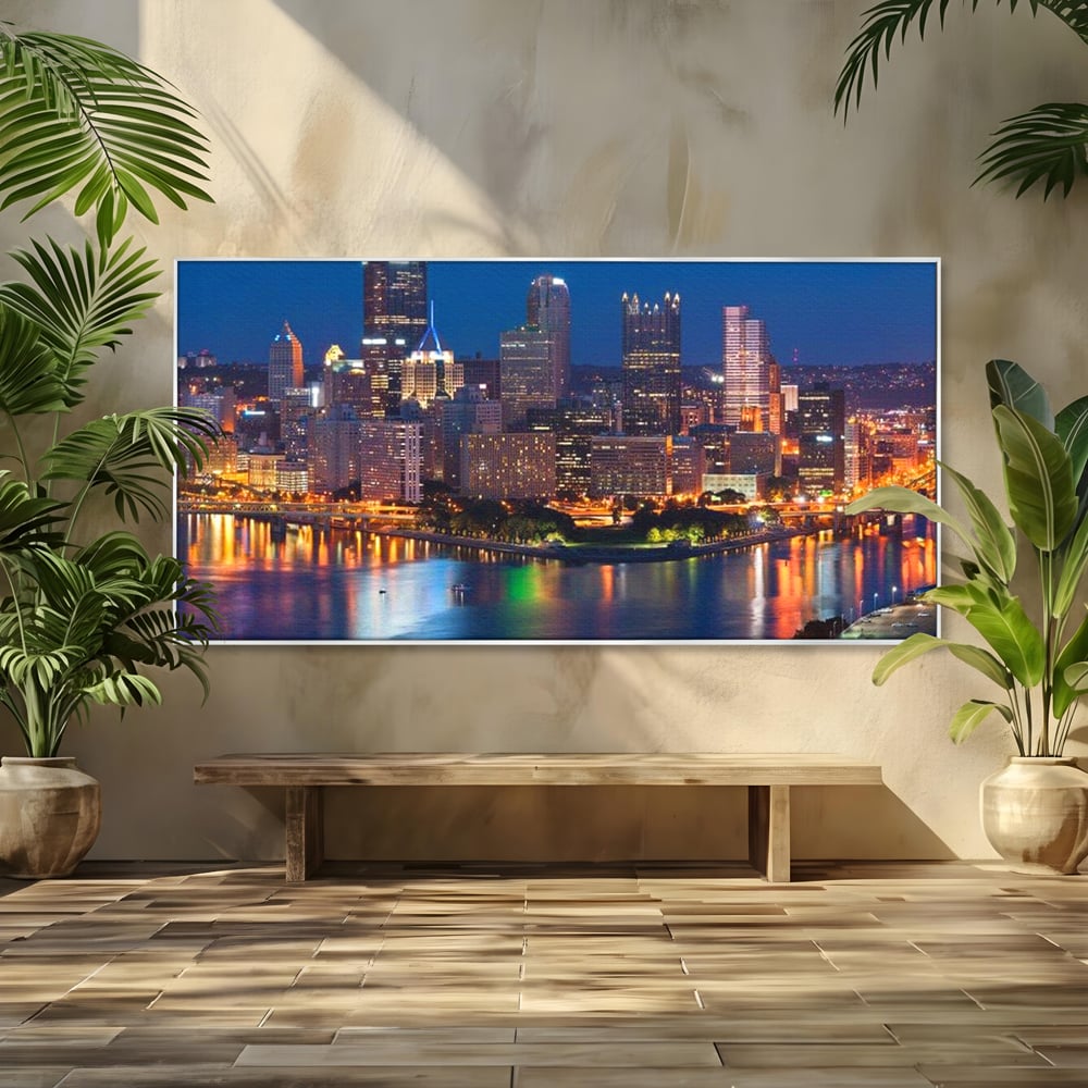 Tablou canvas cu tablou canvas cu peisaj nocturn urban, in rama de aluminiu argintiu